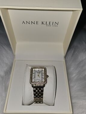 Anne Klein Gold and White Crystal-Accented Rectangular Watch